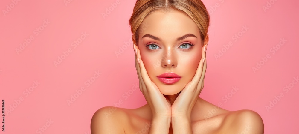 Blonde woman with natural makeup touching flawless skin on pastel background, copy space included Blonde woman with natural makeup touching flawless skin on pastel background, copy space included