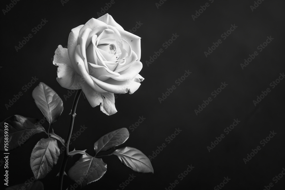 Condolence card black and white color photo, rose, black background. Copy Space. Generative AI - obrazy, fototapety, plakaty 
