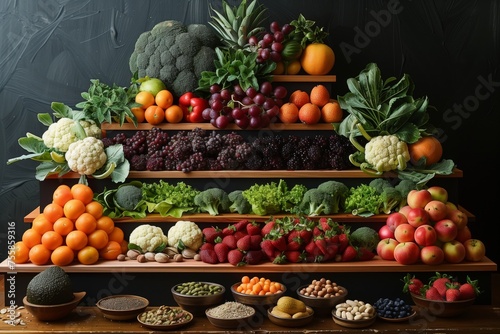 Several tiers of wooden shelves lined with a variety of fresh fruits, vegetables, nuts and cereals, beautifully arranged on a dark background to create a visual representation of healthy, natural food