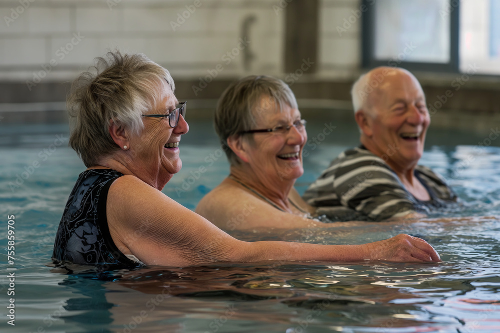 Older adults taking saltwater running classes at a local pool and whose spirits are lifted. Generative AI. Older adults taking saltwater running classes at a local pool and whose spirits are lifted. Generative AI.
