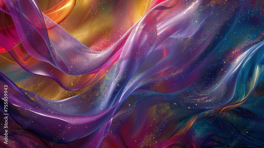 Liquid ribbons of color interwoven with glittering fragments, flowing ...