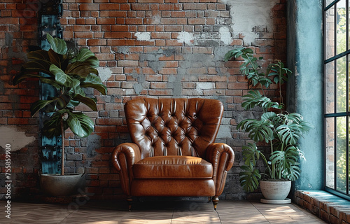 Living room home interior mock up. Leather armchair on Brick wall  background.