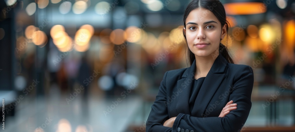 Confident businesswoman standing with arms crossed in office, blurred background with copy space Confident businesswoman standing with arms crossed in office, blurred background with copy space