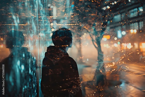 Person standing in urban night lights, reflecting on wet surfaces, creating a moody and contemplative cityscape.