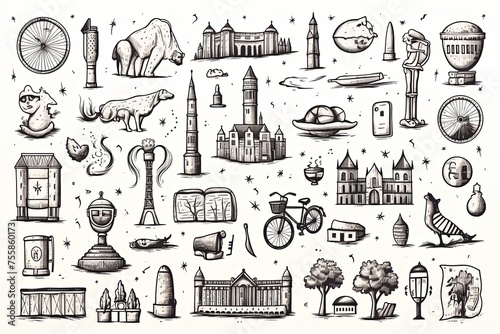 Travel and tourism doodle illustration and hand drawn vacation holiday elements outline clipart on white background