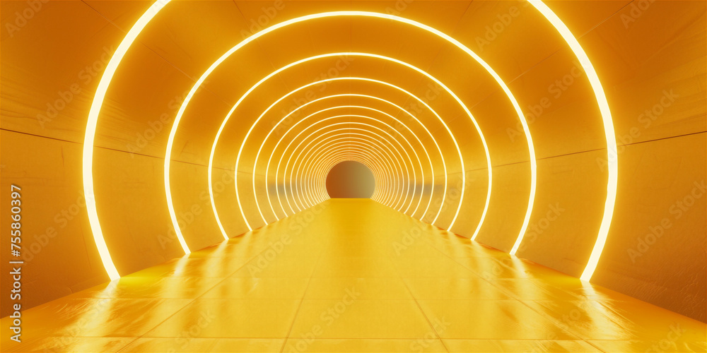 Fototapeta premium Empty yellow tunnel 3d light room background. Abstract space tunnel interior. Modern render perspective hall stage design. Futuristic neon road