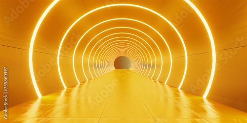 Empty yellow tunnel 3d light room background. Abstract space tunnel interior. Modern render perspective hall stage design. Futuristic neon road photo