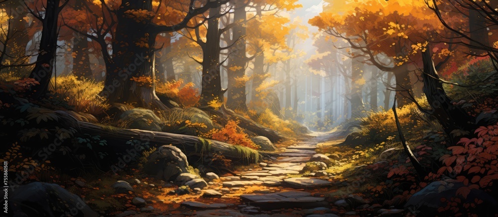 An idyllic natural landscape with a winding path cutting through a dense forest of trees and rocks, creating a peaceful and serene woodland painting - obrazy, fototapety, plakaty 