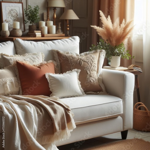 Captivating Comfort: Close-Up of Fabric Sofa Adorned with White and Terra Cotta Pillows in a French Country Modern Living Room Interior Design