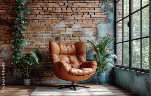 Living room home interior mock up. Leather armchair on Brick wall  background.