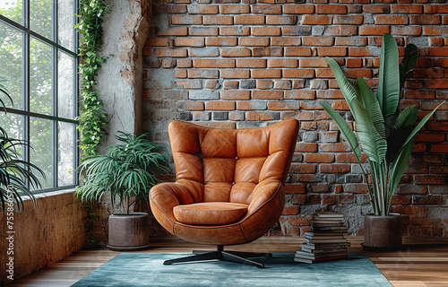 Living room home interior mock up. Leather armchair on Brick wall  background.