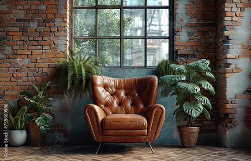 Living room home interior mock up. Leather armchair on Brick wall  background.