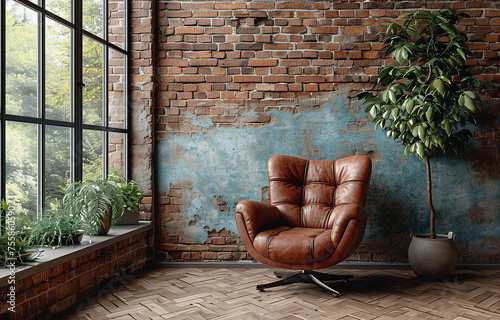 Living room home interior mock up. Leather armchair on Brick wall  background.