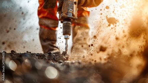 metal drill bit make holes in concrete wall on industrial drilling machine with shavings. Metal work industry. AI generated illustration