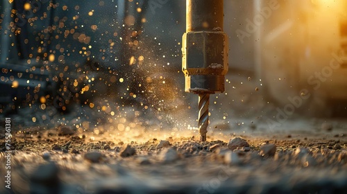 metal drill bit make holes in concrete wall on industrial drilling machine with shavings. Metal work industry. AI generated illustration photo