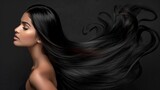 Stylish brunette woman with long shiny hair on dark background   beauty and hair care concept