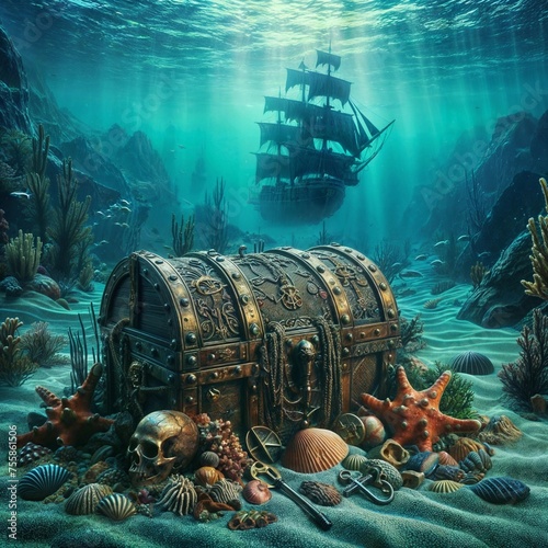 Illustration of a sunken pirate chest. photo