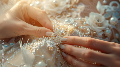 Sewing wedding dresses small business. Dressmaker working with wedding dress in atelier, closeup. generative ai