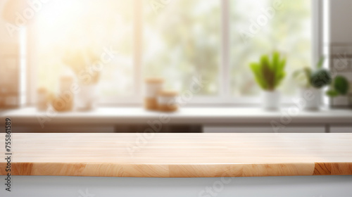 Rustic Wood Table Top in a Blurred Kitchen Background: Ideal for Product Montage and Design Layouts