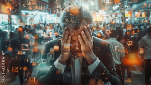 Overwhelmed businessman in digital chaos - Anxious corporate man amid a flurry of surveillance and digital interfaces showcasing the overwhelming nature of technology in modern life