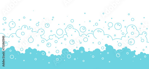 Foam bubble background line art, bath soap frame, cartoon shower water blue pattern, laundry transparent suds. Abstract wash vector illustration