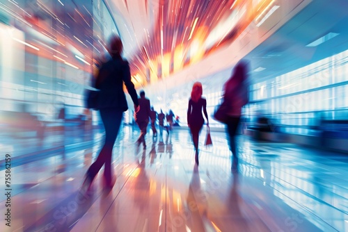 Business people rushing in modern office interior. Motion blur, Ai Generative photo