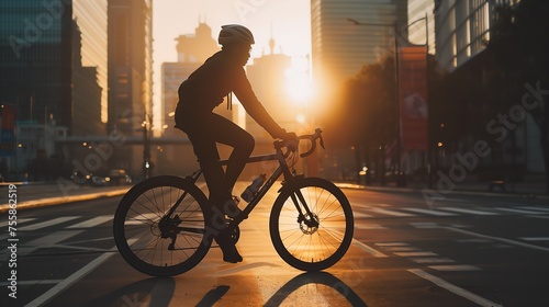 City Cyclist in Sunset: Healthy Lifestyle Exercising Outdoors Amid Urban Buildings at Dusk © SpringsTea