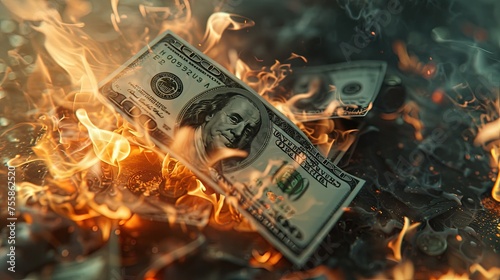 Burning dollar banknote. Abstract background. Close-up. Flames. Close-up of burning currency, economy in trouble.