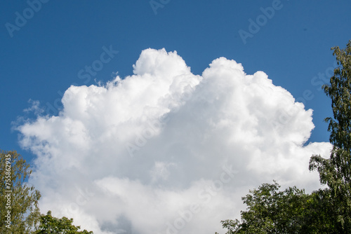 Underbara moln målar himlen med en himmelsk duk. Pissiga cirrusmoln, som fjädrar, dansar högt ovanför och fångar solljus. Cumulusmoln liknar sockervadd, fluffiga och inbjudande.  photo