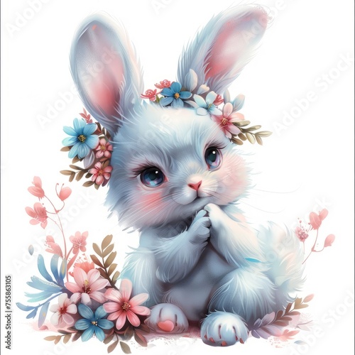 Floral Crowned Bunny Illustration. An endearing digital art representation of a soft blue bunny adorned with a floral wreath, showcasing large expressive eyes and a gentle pose photo