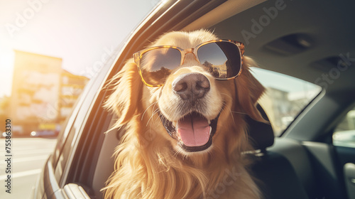 Beautiful sunset golden hour light photo of smiling Golden Retriever cute dog in fancy sunglasses during evening car city tour with open window. Lovely pets, animals and transportation concept photo. © Soloviova Liudmyla