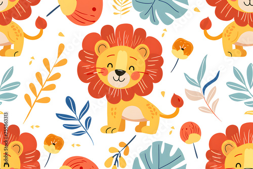 Cute lion cartoon pattern background for kids.