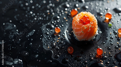 mouthwatering photography of sushi on sleek black background. generative ai