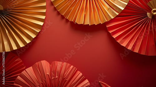 Red and gold paper fan Chinese decoration background. copy space. generative ai 