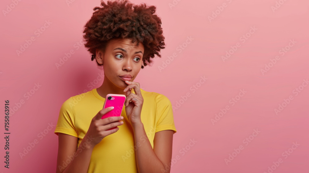 woman with short brown hair wearing a yellow T-shirt, holding a pink smartphone to her face and looking up thoughtfully woman with short brown hair wearing a yellow T-shirt, holding a pink smartphone to her face and looking up thoughtfully