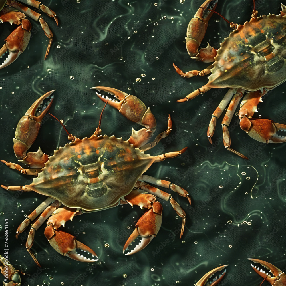 Galactic crab pattern. Green background with crabs, photowall. Galactic crab pattern. Green background with crabs, photowall.