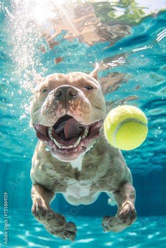 American Pit Bull Terrier diving in swimming pool water to catch a tennis ball gaming Fetch pet game. Ridiculous portrait with wide opened mouth showing strong canine teeth. Lovely pets concept image.