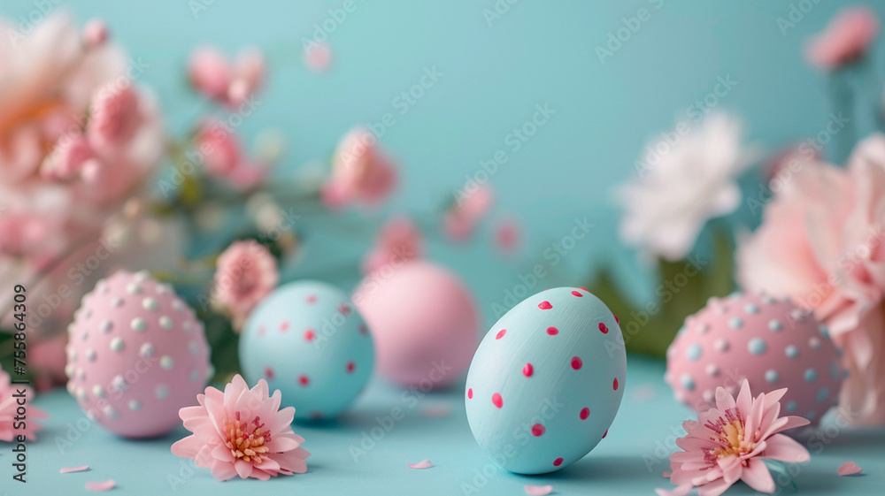easter holiday concept with eggs and flowers on wooden table