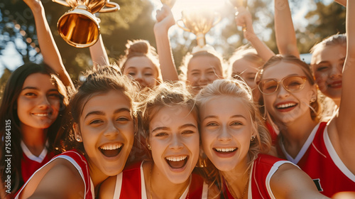 Youth Cheerleading Squad Celebrating Win with Trophy in Sun-Drenched Portrait.
