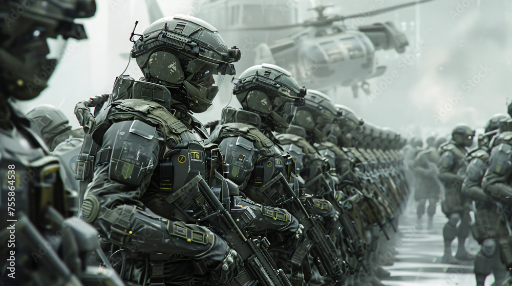 professional army preparing for a mission. Dynamic dark shot, military aviation equipment circling above the army of soldiers professional army preparing for a mission. Dynamic dark shot, military aviation equipment circling above the army of soldiers