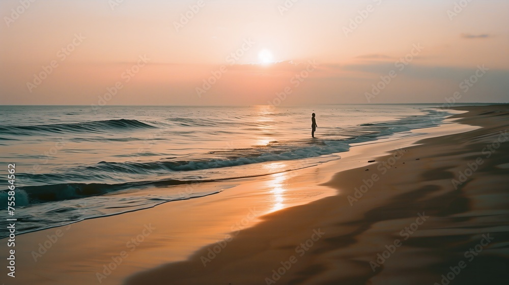 Tranquil waters at sunset: silhouette of lone figure on serene beach with calm waves and vibrant sky backdrop