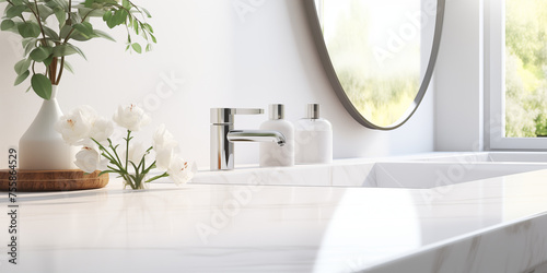 Spa marble bathroom tabletop closeup of sink and mirror