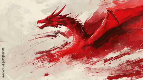 Red dragon drawing pictogram, part of the flag of wales. Grunge brush stroke wels patern. Flat vector sign.   generative ai  © Saleem
