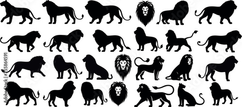 lion silhouettes in various poses, lion Vector set, roaring, walking, standing. Perfect for logo, mascot, brand design, wildlife illustrations, tattoo art. Majestic lions on white background