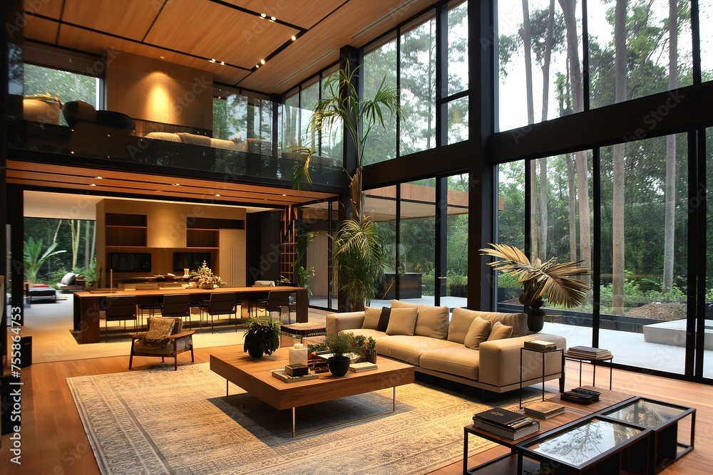 A living room filled with furniture and flooded with natural light from numerous windows. A living room filled with furniture and flooded with natural light from numerous windows.