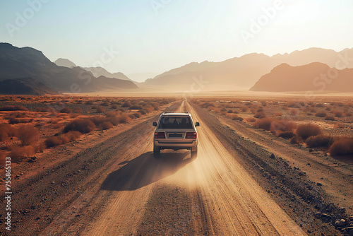 A rugged truck speeds down a dusty desert road under the scorching sun. photo