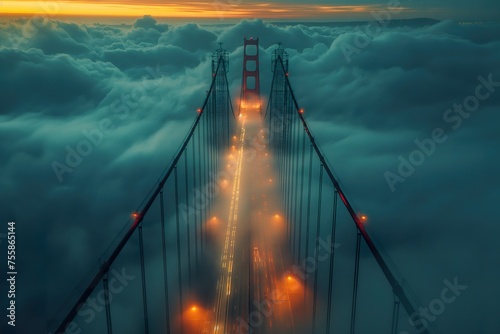 The iconic Golden Gate Bridge stands out against the dark night sky, surrounded by ethereal clouds.
