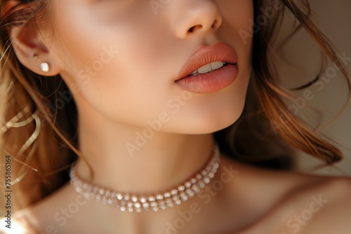 Close-up of a young woman wearing a necklace and earrings, exuding elegance and style.