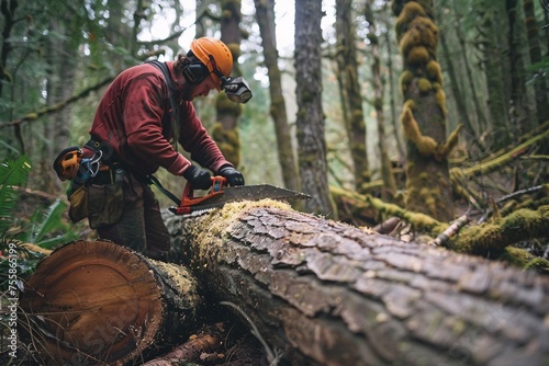 lumberjacks cut down a big trees in the forest. Ai Generative
