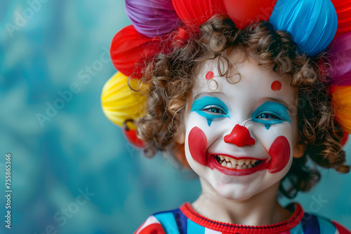 Funny kid clown on background. photo